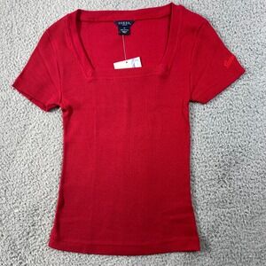 Guess Ribbed Knit Top Juniors M Red Square Neck Short Sleeve VTG NWT